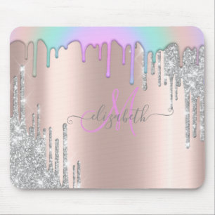 Silver Glitter Drips Rainbow Rose Gold Monogram Mouse Pad