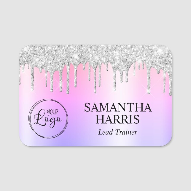 Silver Glitter Drips Rainbow Shimmer Name Tag (Front)
