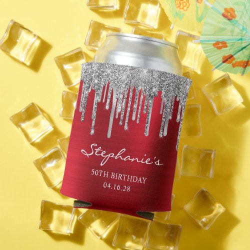 Silver Glitter Drips Red Foil 50th Birthday Can Cooler