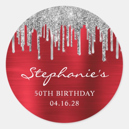 Silver Glitter Drips Red Foil 50th Birthday Classic Round Sticker