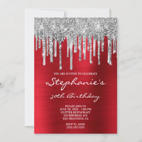 Silver Glitter Drips Red Foil 50th Birthday Invitation