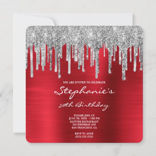 Silver Glitter Drips Red Foil 50th Birthday Invitation