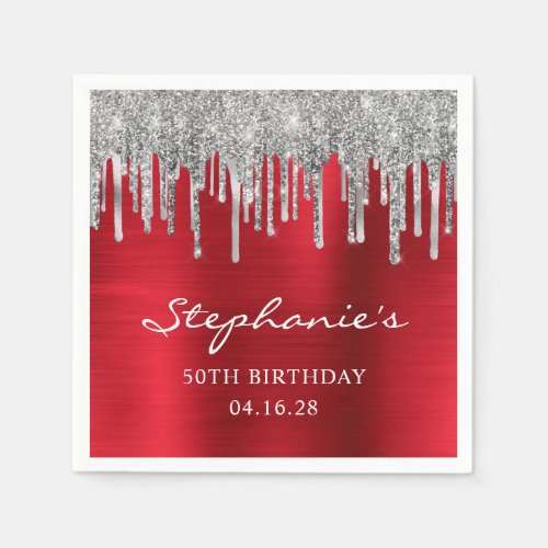 Silver Glitter Drips Red Foil 50th Birthday Napkins