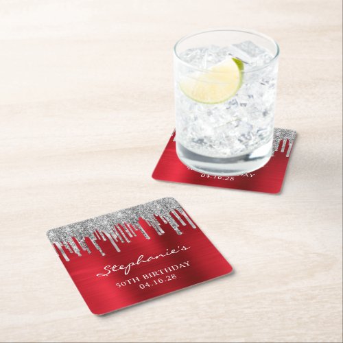 Silver Glitter Drips Red Foil 50th Birthday Square Paper Coaster