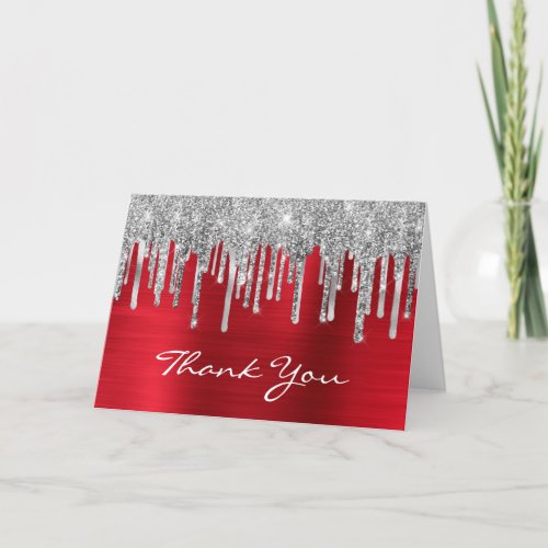 Silver Glitter Drips Red Foil 50th Birthday Thank You Card