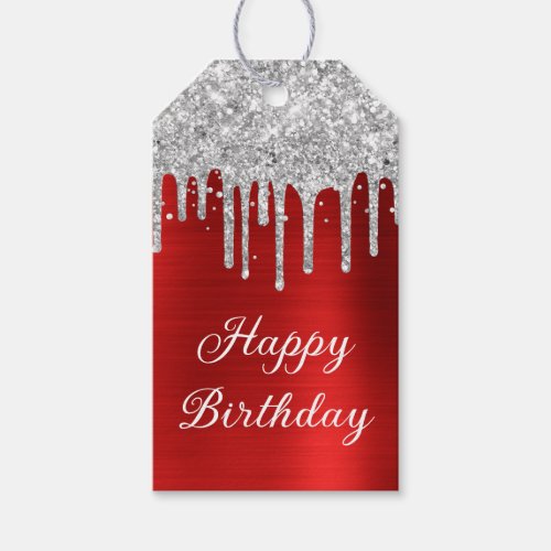 Silver Glitter Drips Red Foil Happy Birthday Gift Tags