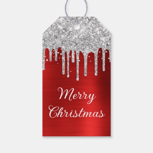 Silver Glitter Drips Red Foil Merry Christmas Gift Tags