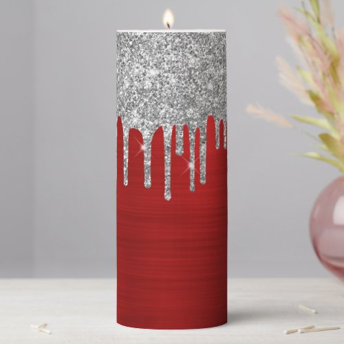 Silver Glitter Drips Red Foil Pillar Candle