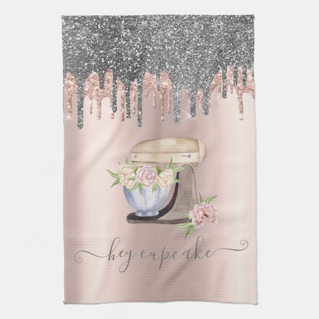 Silver Glitter Drips Retro Mixer Flower Rose Gold  Kitchen Towel (Vertical)