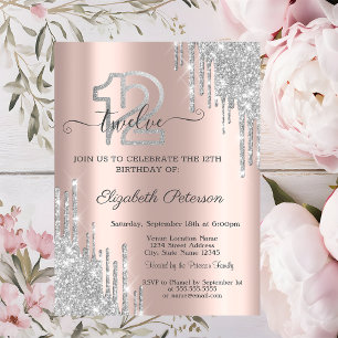 Silver Glitter Drips Rose Gold 12th Birthday Invitation