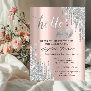 Silver Glitter Drips Rose Gold 40th Birthday Invitation