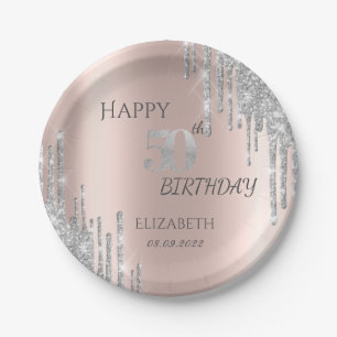 Silver Glitter Drips Rose Gold 50th Birthday   Paper Plates