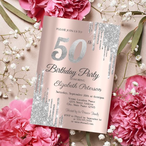 Silver Glitter Drips Rose Gold 50th Birthday Party Invitation