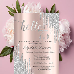 Silver Glitter Drips Rose Gold 75th Birthday Invitation