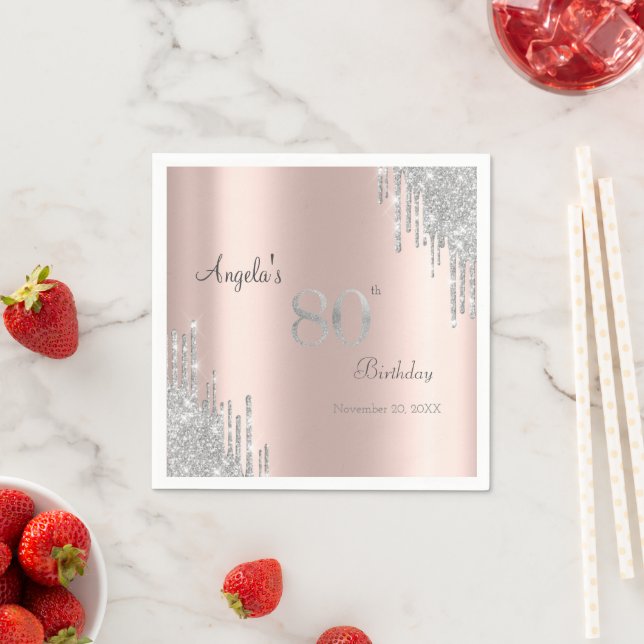 Silver Glitter Drips Rose Gold 80th Birthday Napkins (Insitu)