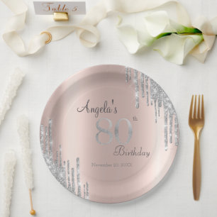 Silver Glitter Drips Rose Gold 80th Birthday Paper Plates
