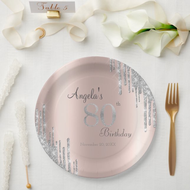 Silver Glitter Drips Rose Gold 80th Birthday Paper Plates (Wedding)