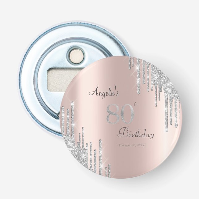 Silver Glitter Drips Rose Gold 80th Bottle Opener (Front)