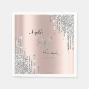 Silver Glitter Drips Rose Gold 80th Napkins