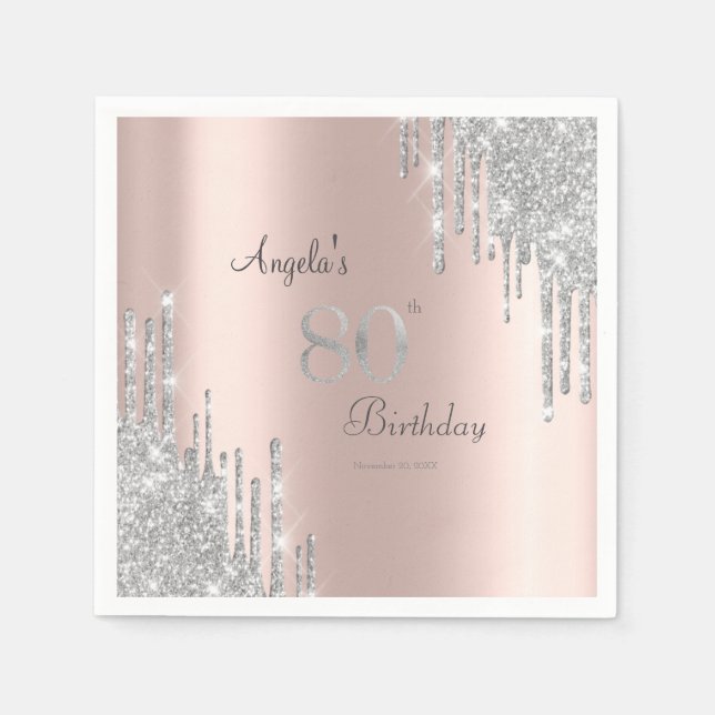 Silver Glitter Drips Rose Gold 80th Napkins (Front)