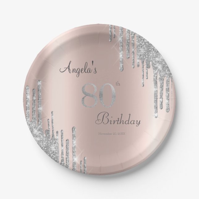 Silver Glitter Drips Rose Gold 80th Paper Plates (Front)