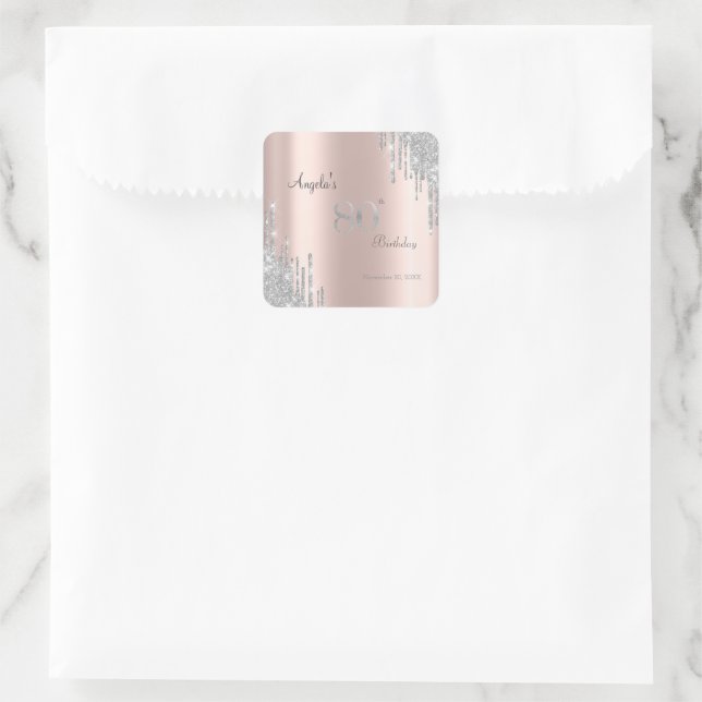 Silver Glitter Drips Rose Gold 80th Square Sticker (Bag)