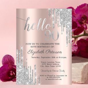 Silver Glitter Drips Rose Gold 90th Birthday Invitation