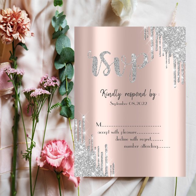 Silver Glitter Drips Rose Gold Bat Mitzvah RSVP Invitation (Creator Uploaded)