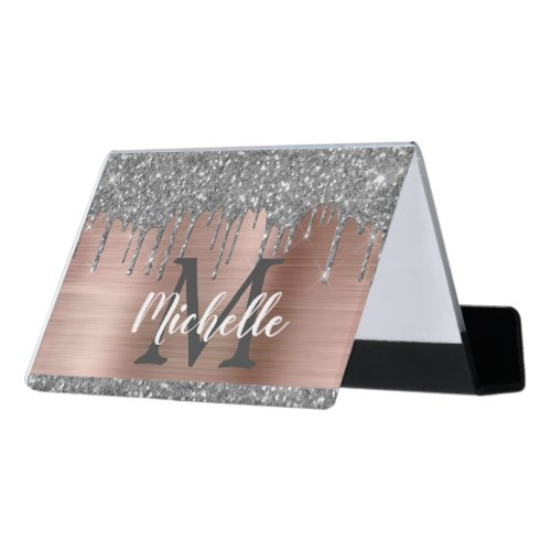 Silver Glitter Drips Rose Gold Business Office Desk Business Card Holder