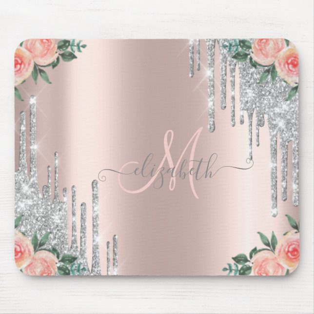 Silver Glitter Drips Rose Gold Floral Monogram Mouse Pad (Front)