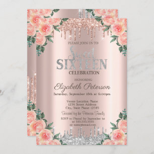 Silver Glitter Drips Rose Gold Floral Sweet 16 Invitation