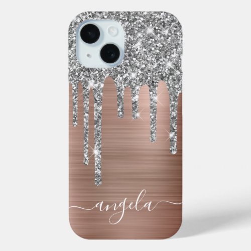 Silver Glitter Drips Rose Gold Glam Signature iPhone 15 Case