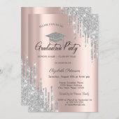 Silver Glitter Drips, Rose Gold Graduation  Invitation (Front/Back)