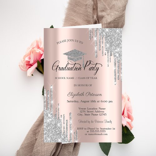 Silver Glitter Drips Rose Gold Graduation  Invitation