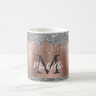 Silver Glitter Drips Rose Gold Metal Monogram Coffee Mug
