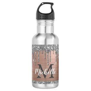 Silver Glitter Drips Rose Gold Metal Monogram Stainless Steel Water Bottle