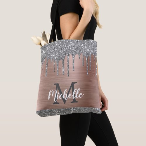 Silver Glitter Drips Rose Gold Metal Monogram Tote Bag