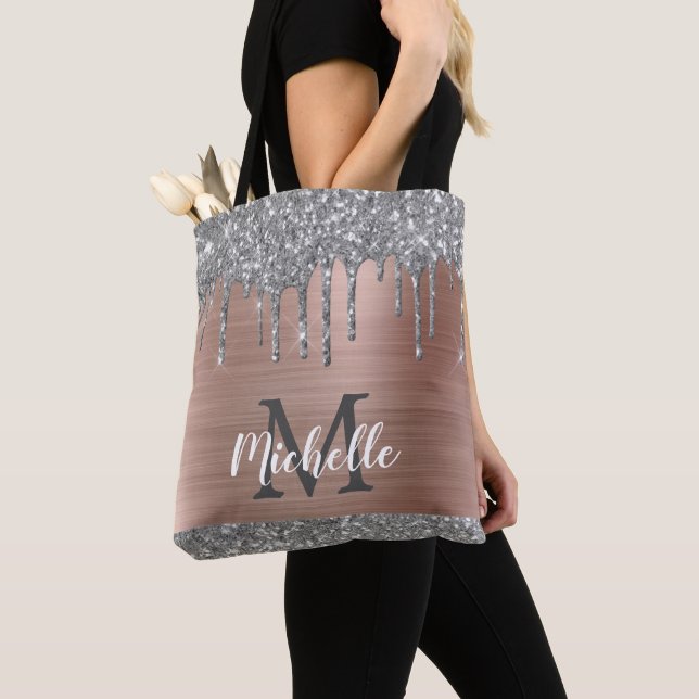 Silver Glitter Drips Rose Gold Metal Monogram Tote Bag (Close Up)
