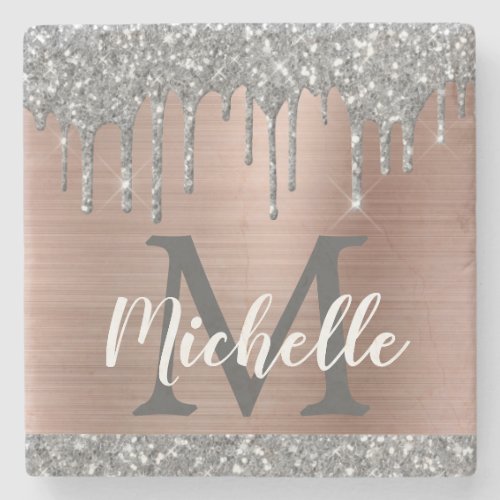 Silver Glitter Drips Rose Gold Metal Name Monogram Stone Coaster