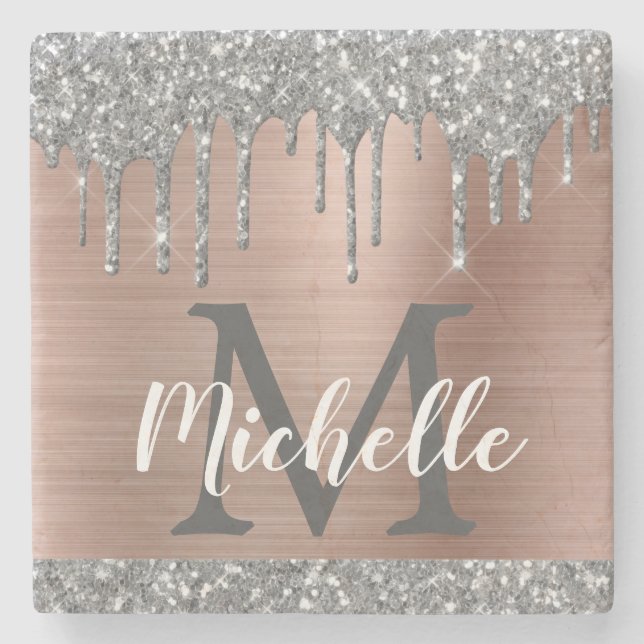 Silver Glitter Drips Rose Gold Metal Name Monogram Stone Coaster (Front)