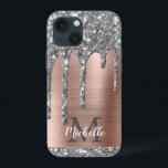 Silver Glitter Drips Rose Gold Metallic Monogram C iPhone 13 Mini Case<br><div class="desc">Modern, girly silver gray glitter drips name and monogrammed iphone case. This design features silver gray (grey) glitter sparkle drips on pink rose gold brushed metal background with custom personalized monogram initial and first name text template. Perfect feminine gift. Please note, this design is printed photo effect. If you need...</div>