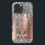 Silver Glitter Drips Rose Gold Metallic Monogram C iPhone 13 Pro Case<br><div class="desc">Modern, girly silver gray glitter drips name and monogrammed iphone case. This design features silver gray (grey) glitter sparkle drips on pink rose gold brushed metal background with custom personalized monogram initial and first name text template. Perfect feminine gift. Please note, this design is printed photo effect. If you need...</div>