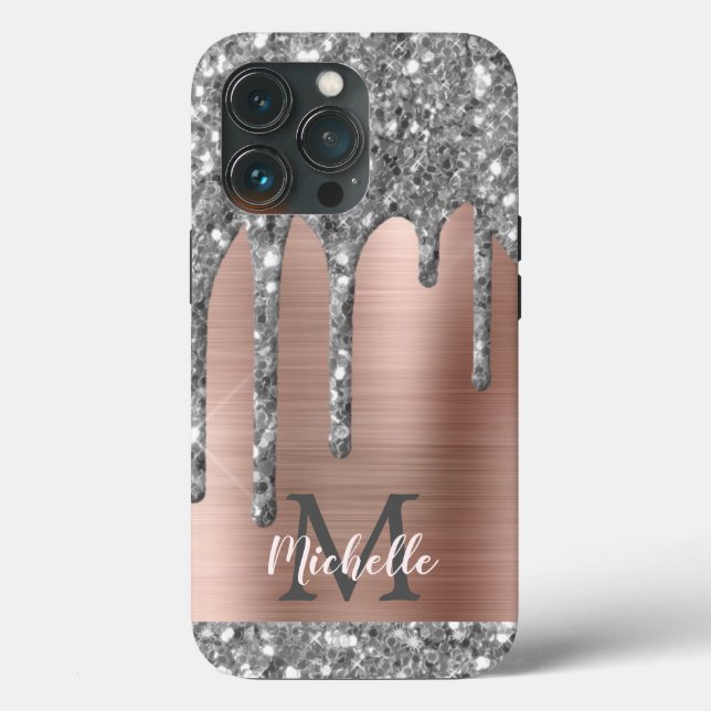 Silver Glitter Drips Rose Gold Metallic Monogram C Case-Mate iPhone Case (Back)
