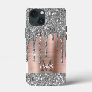 Silver Glitter Drips Rose Gold Metallic Monogram C iPhone 13 Mini Case