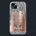 Silver Glitter Drips Rose Gold Metallic Monogram iPhone 13 Case<br><div class="desc">Modern, girly silver gray glitter drips name and monogrammed iphone case. This design features silver gray (grey) glitter sparkle drips on pink rose gold brushed metal background with custom personalized monogram initial and first name text template. Perfect feminine gift. Please note, this design is printed photo effect. If you need...</div>