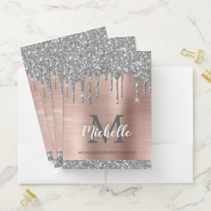 Silver Glitter Drips Rose Gold Metallic Monogram Pocket Folder