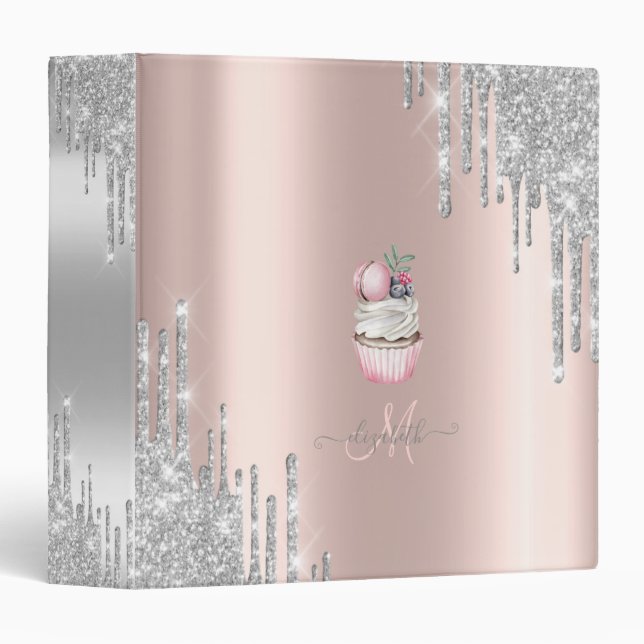 Silver Glitter Drips Rose Gold Monogram Cupcake 3 Ring Binder (Front/Spine)