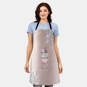 Silver Glitter Drips Rose Gold Monogram Cupcake Apron