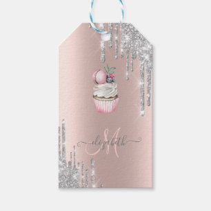 Silver Glitter Drips Rose Gold Monogram Cupcake Gift Tags