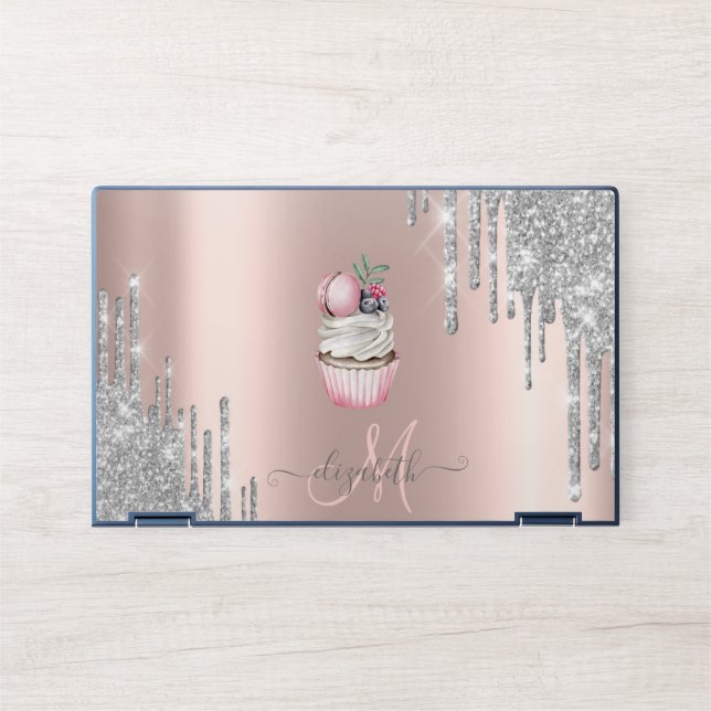 Silver Glitter Drips Rose Gold Monogram Cupcake   HP Laptop Skin (Front)